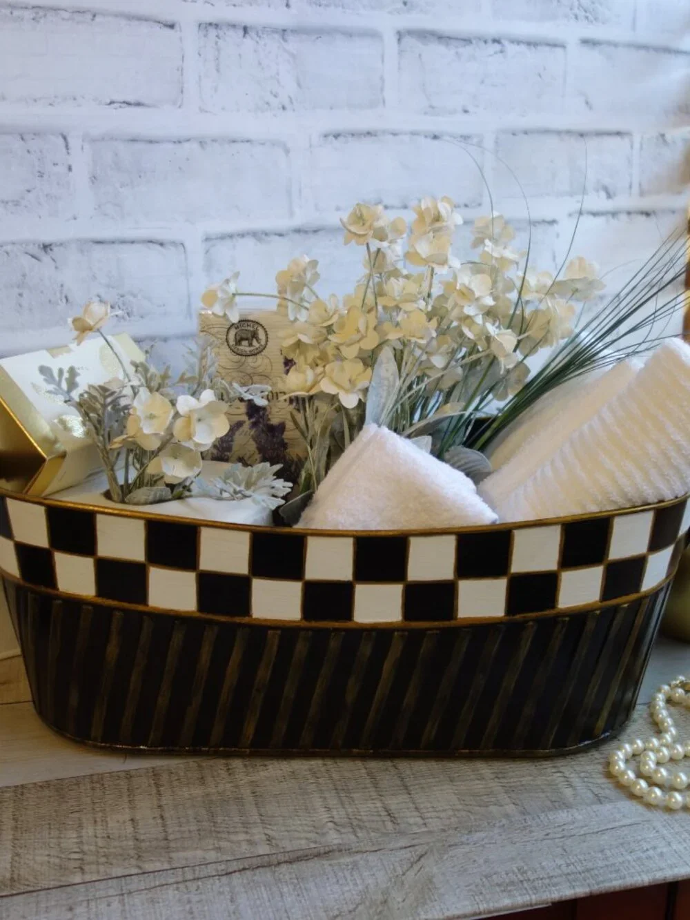 Checked Oval Storage Caddy Bin Black White Checked Mantle Decor Checked Basket